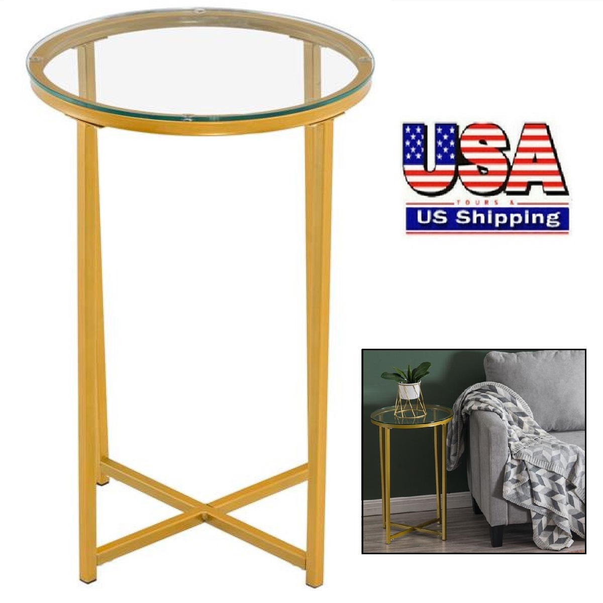 Goorabbit Side Table Round Gold,16" Round Metal End Table with Glass