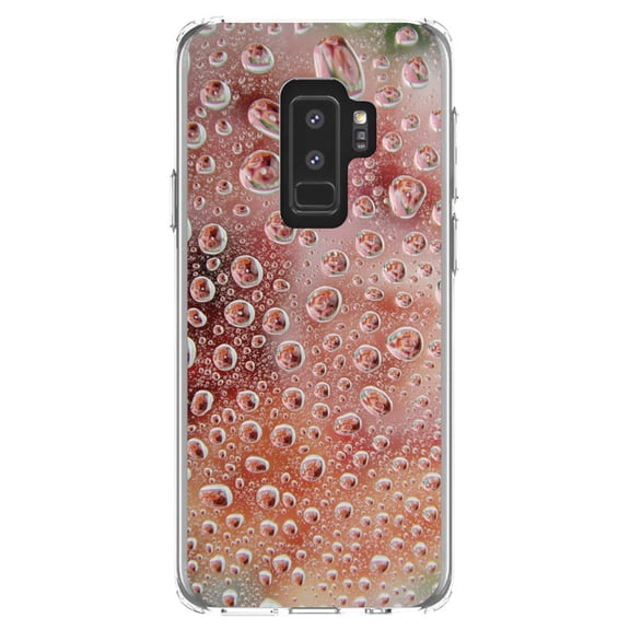 DistinctInk Clear Shockproof Hybrid Case for Samsung Galaxy S9  PLUS (6.2" Screen) - TPU Bumper, Acrylic Back, Tempered Glass Screen Protector - Red Water Droplets Glass