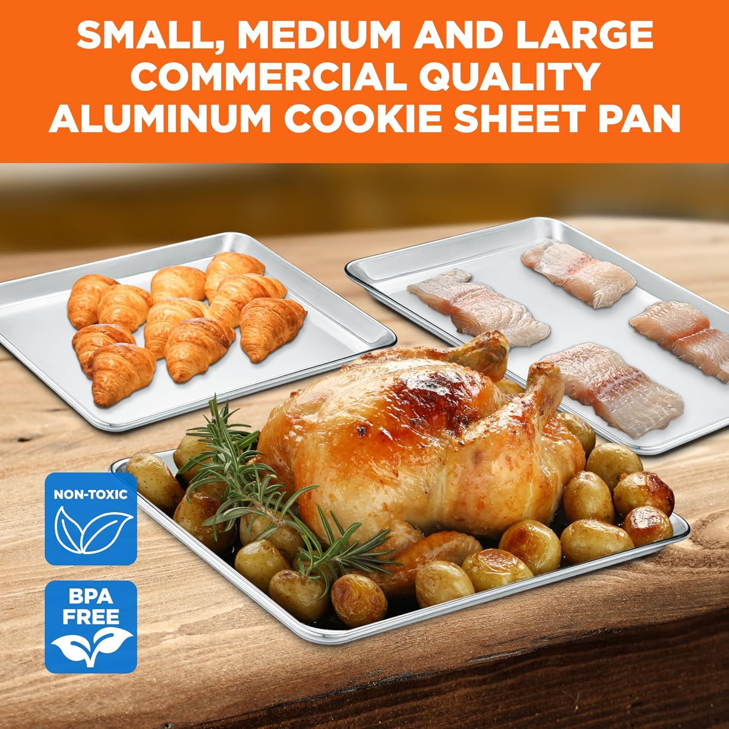 Emporio Kitchen Baking Pan Set - Small, Medium, and Large Aluminum Cookie Sheet Pan (9" x 13", 10.5" x 15", 13" x 18"), Recipe Booklet Included, Oven Safe, Resist Heat Up to 500° F, Set of 3