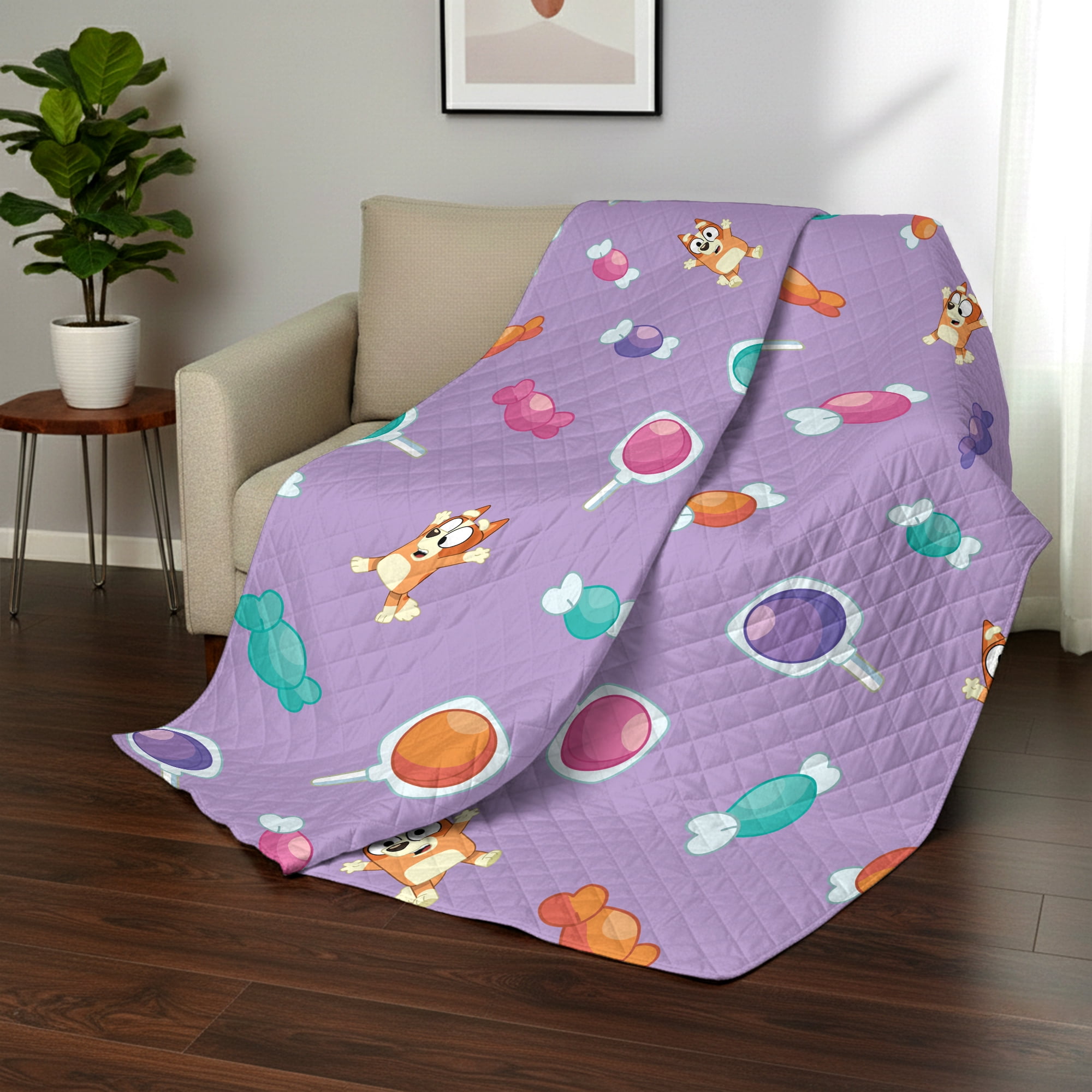 Bluey Bingo Candy Land Quilted Throw Blanket 60x80 inches, Kids Character Bedding