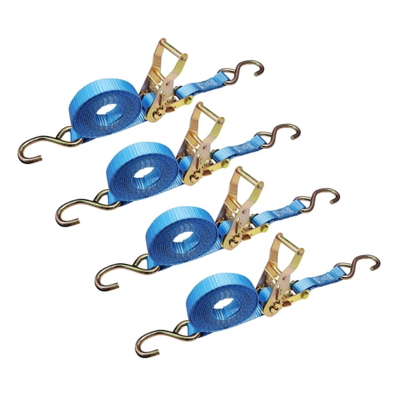 Mega Cargo Control USA 4 Pack Motorcycle Tie Down Straps with S Hooks, 1" x 6' Ratchet Lashing Straps with Hook for Motorcycles, Boats & Cargo, 2,500 LB Break Strength
