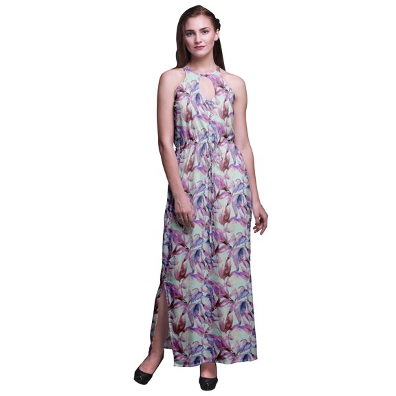 Bimba Leaves Women Printed Crew Neck Side Slits Halter Dress Long Evening Gown-Medium