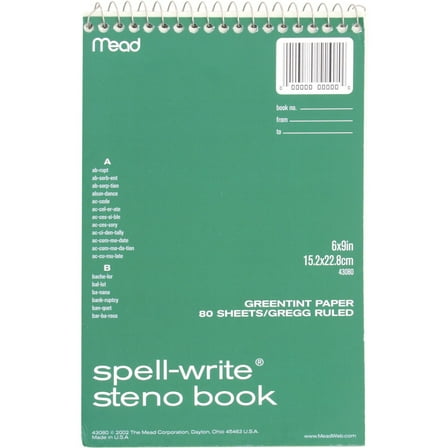 Mead Spell-Write Wirebound Steno Book 80 Sheets Green Paper 6 x 9 - Memo