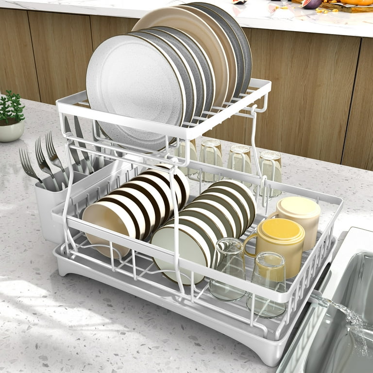 YKLSLH Expandable Dish Drying Rack, 2 Tier Large Drying Rack for Kitchen  Counter with Drainboard, Glass Holder, Utensil Holder-Dish Drainers (White)