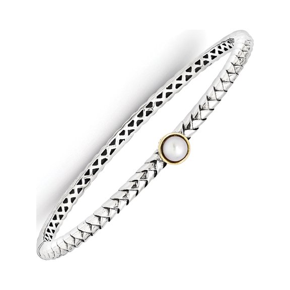 14K/Silver Two-Tone Sterling Silver With 14K 6mm Fw Cultured Pearl Bangle Bracelet Made In Thailand qtc950