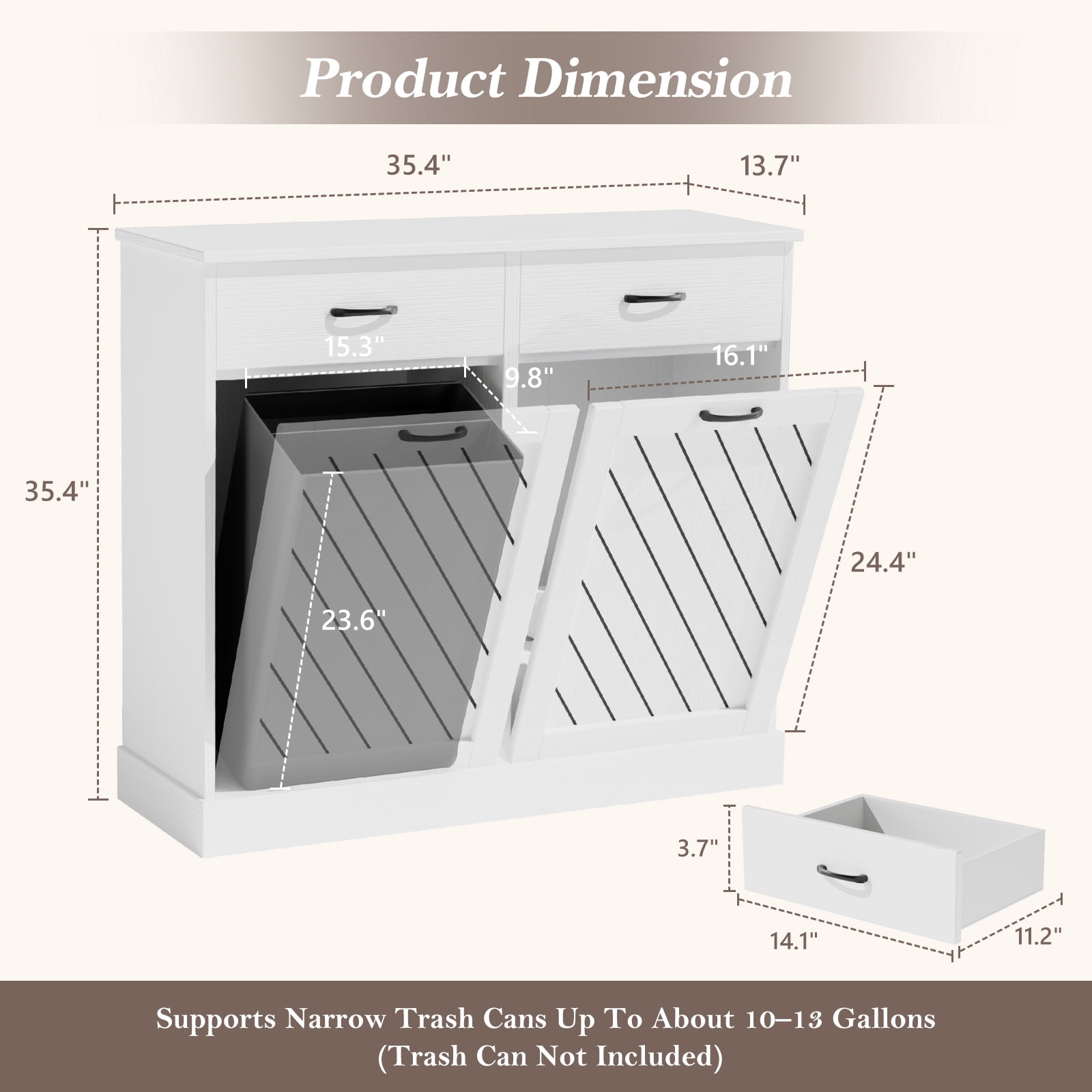 Double Tilt-Out 2x15 Gallons Hidden Garbage Trash Can Cabinet, Hidden Kitchen Trash Cabinet with Storage Drawer, Pet-Proof Wooden Garbage & Recycling Cabinet for Kitchen, Laundry & Living Room, White