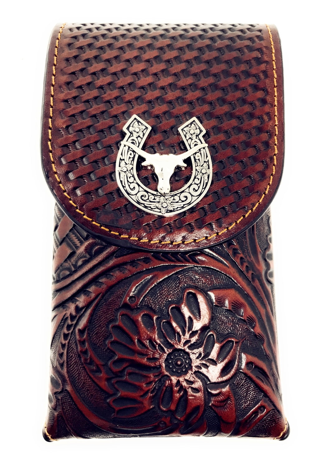 Western Cowboy Genuine Horseshoe Leather Cut Design With Belt Loop Cell Phone Holster Case.