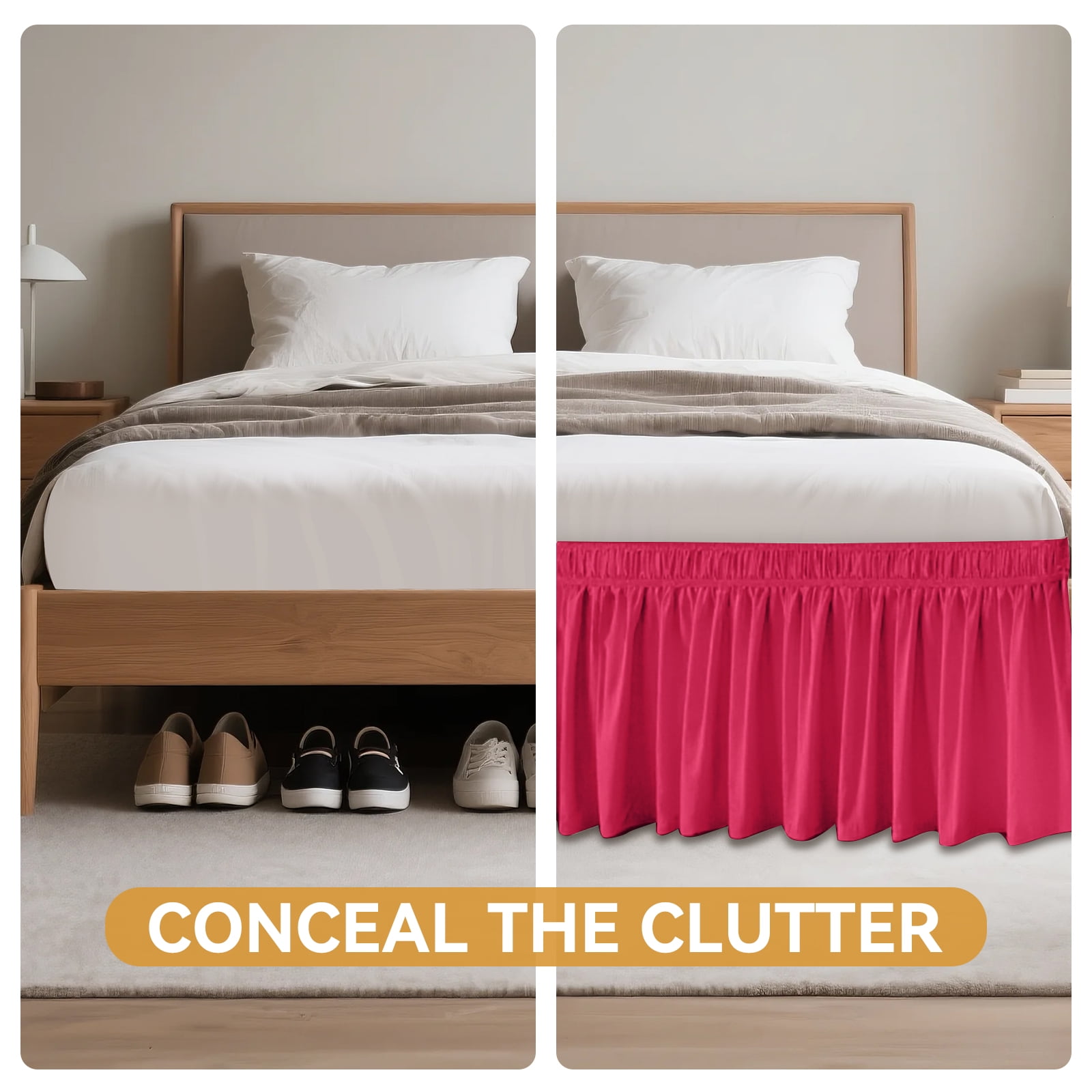 King Bed Skirt, 18 inch Tailored Drop with Elastic Belt, Easy Install, Rose Red