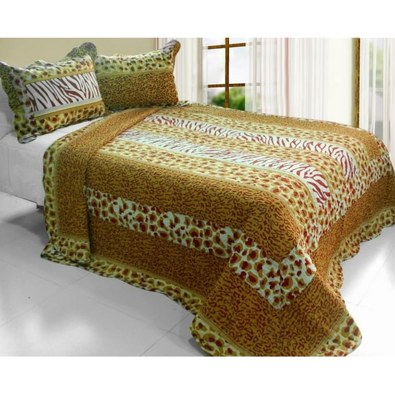 G&J Sunset Jungle Cotton 3PC Leopard Print Quilt Set Full/Queen Size Tan Color
