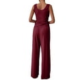 thumbnail image 4 of Seyurigaoka 2Pcs Women Summer Casual Pants Suit, Plain  Ribbed Sleeveless Low Cut Short Tank Tops + Tie-Up Wide-Leg Long Pant, 4 of 7