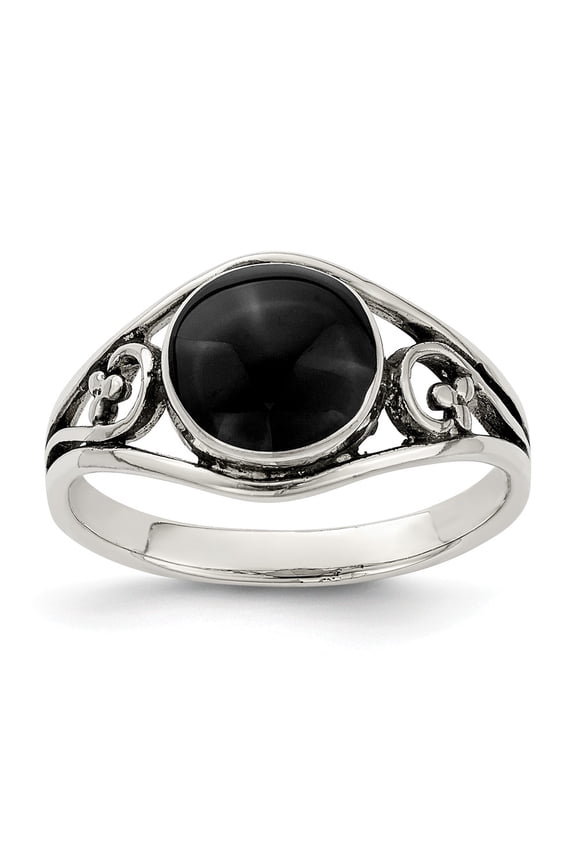 White Sterling Silver Ring Band with Stones Agate Antiqued Black