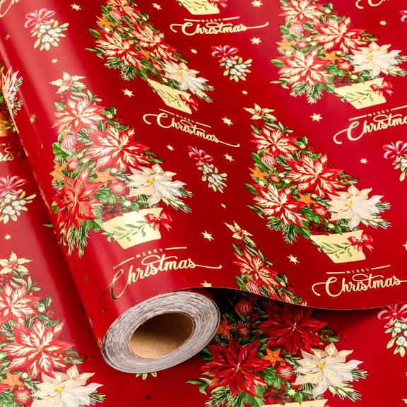 Burymento Red Christmas Wrapping Paper for Girls Women, Gold Foil Traditional Tree Christmas Gift Wrapping Paper, Elegant Holiday Poinsettia Floral Gift Wrap for Present Packaging (17 Inch X 33Feet)