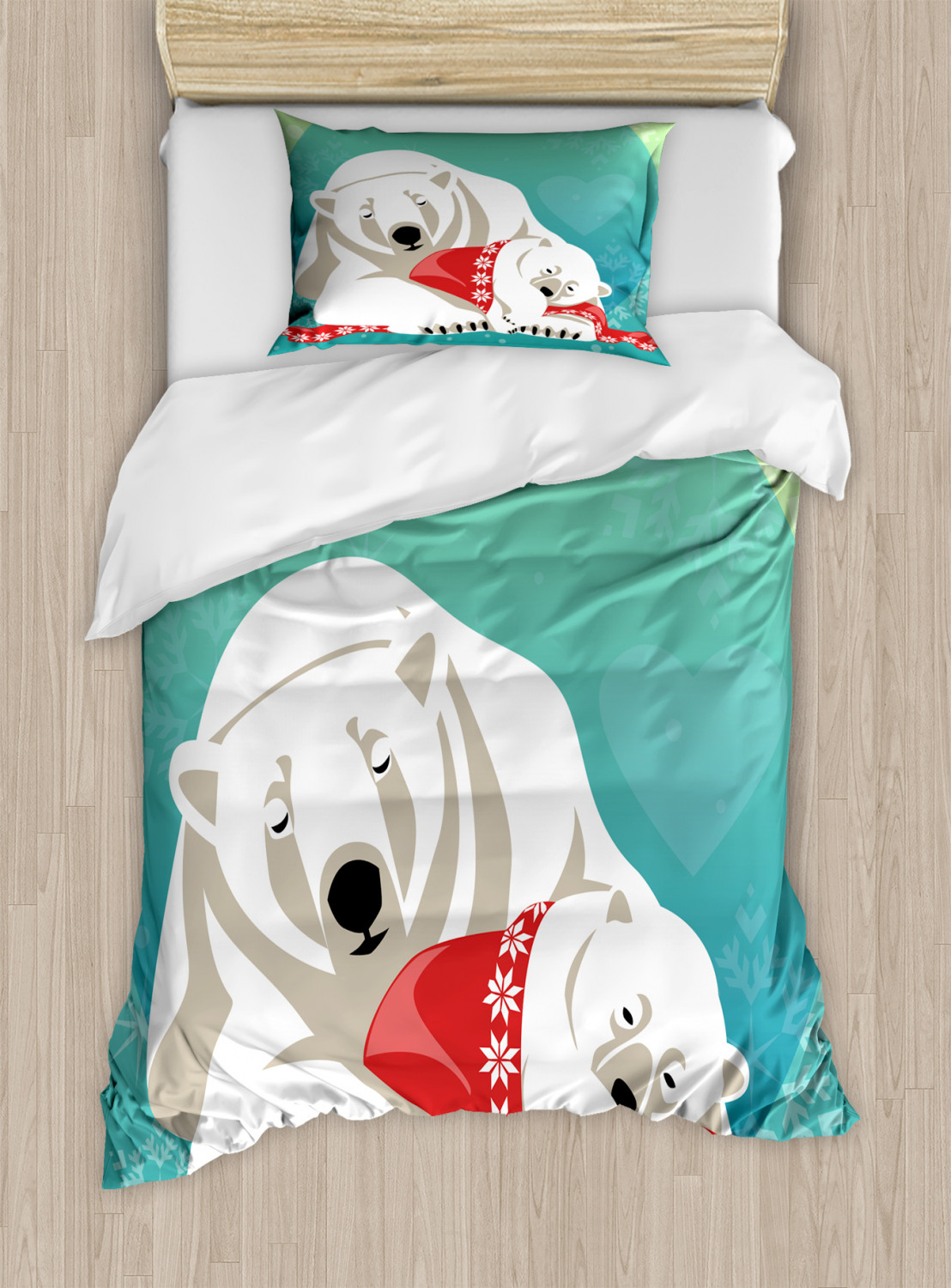 Polar Bear Duvet Cover Set Twin Size, Mother Bear Cuddling Her Cubs