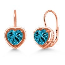 Gem Stone King 18K Rose Gold Plated Silver London Blue Topaz Dangle Leverback Earrings for Women (3.20 Cttw, Heart Shape 7MM)