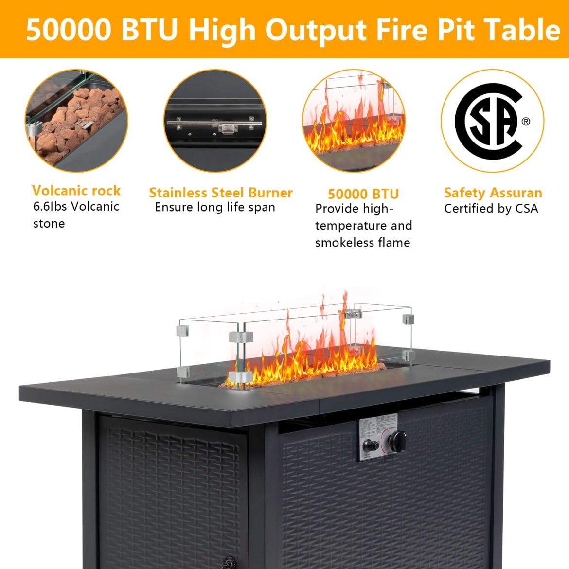 43 Inch Propane Fire Pit Table, 50,000 BTU Steel Propane Firepit with Lid & Pulse Ignition System, Outdoor Gas Fire Pit Table with Lava Rock & Imitation Rattan Weave Texture for Backyard Patio Garden