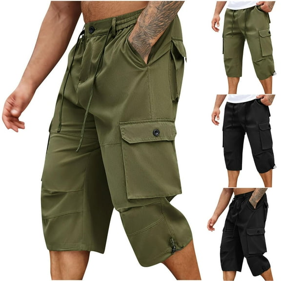 Kmdttou Sweat Mens Capri Cargo Pants with Pockets Fashion Summer Drawstring Elastic Waist Casual Solid Color Cargo Capris Pants