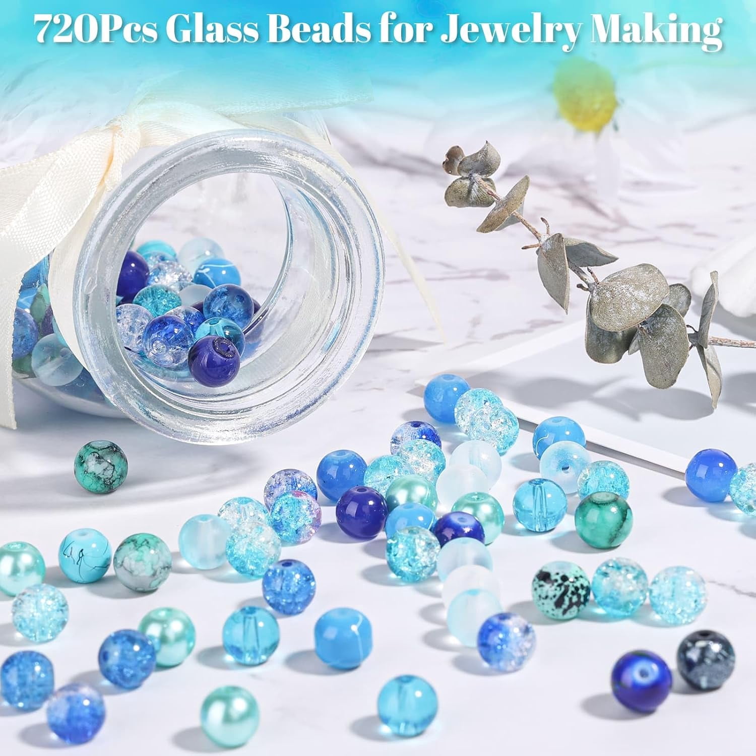 720pcs Glass Beads for Jewelry Making 8mm, 24 Colors Bead Bracelet Making Kit Blue Round Loose Beads for Bracelet Earring Necklace Jewelry Making Supplies