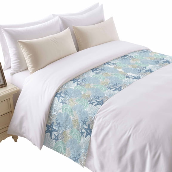 Blue Green Sea Bed Runner for Cal King Size Bed, Nautical Coastal Ocean Watercolor Shells Corals Starfish Soft Bedding Scarf Bedding Protector Slipcover Sofa Throw for Bedroom Hotel Guesthouse