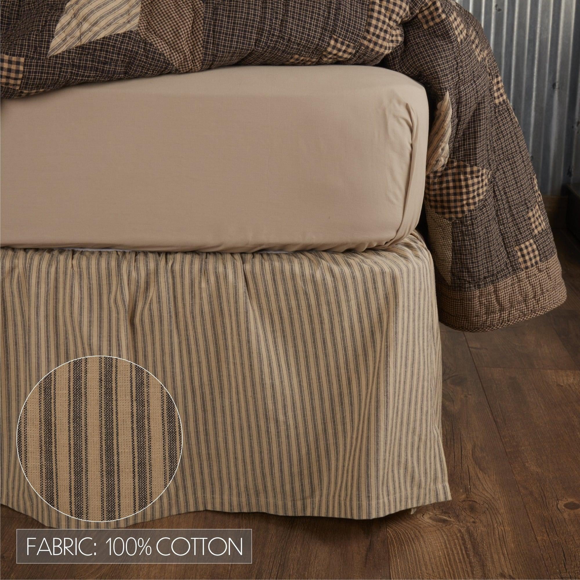 VHC Brands Farmhouse Star Ticking Striped Cotton Primitive Split Corners Gathered King Bed Skirt, Charcoal Black