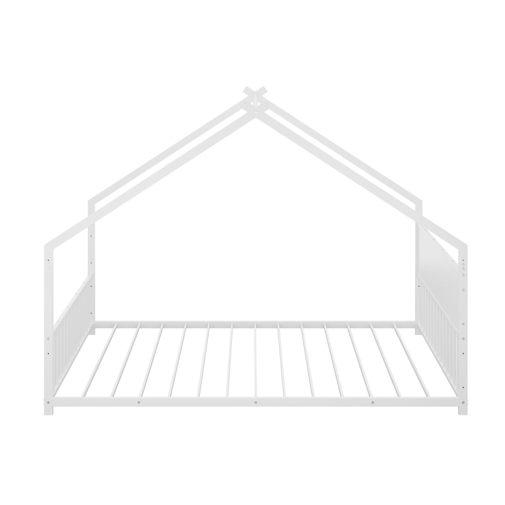 Aukfa Full Size Metal House Bed Frame with LED Lights, Montessori Floor Bed for Kids & Toddlers, Modern Kids Room Furniture, White