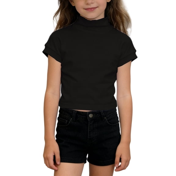 Hiijoy Toddler Girls High Neck Short Sleeve T-Shirt Solid Stretch T Shirt Tee, Sizes 2-3