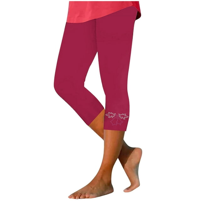 Olyvenn Womens Rhinestone Trim Capri Pants Stretchy Compression Leggings Print Pattern Yoga Pants Summer Vacation Outfits Red XXL