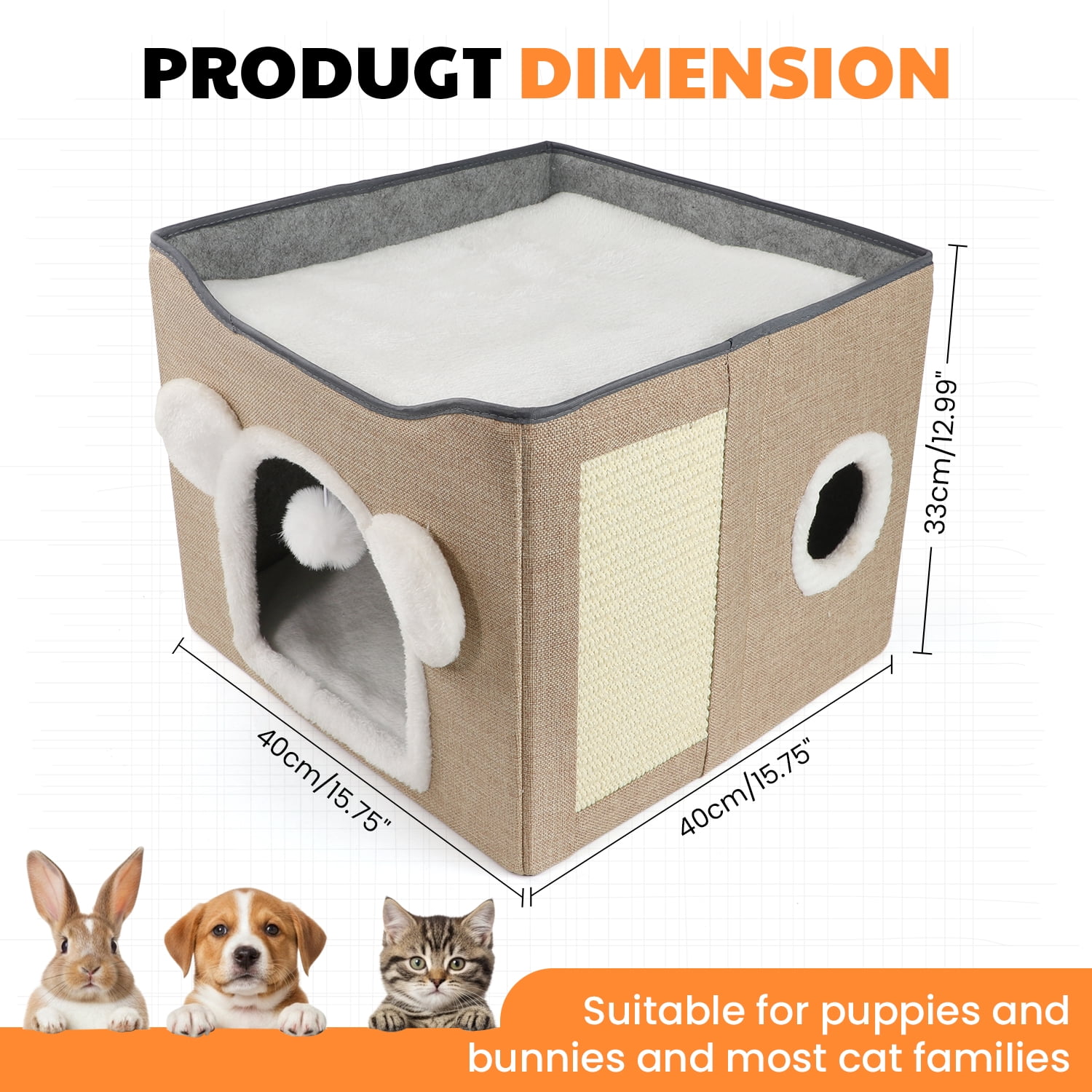MASBRILL Cat Beds for Indoor Cats - Large Pet Cat Bed Cave with Scratch Pad and Fluffy Ball, Foldable Cat Hideaway for Multi Small Pet