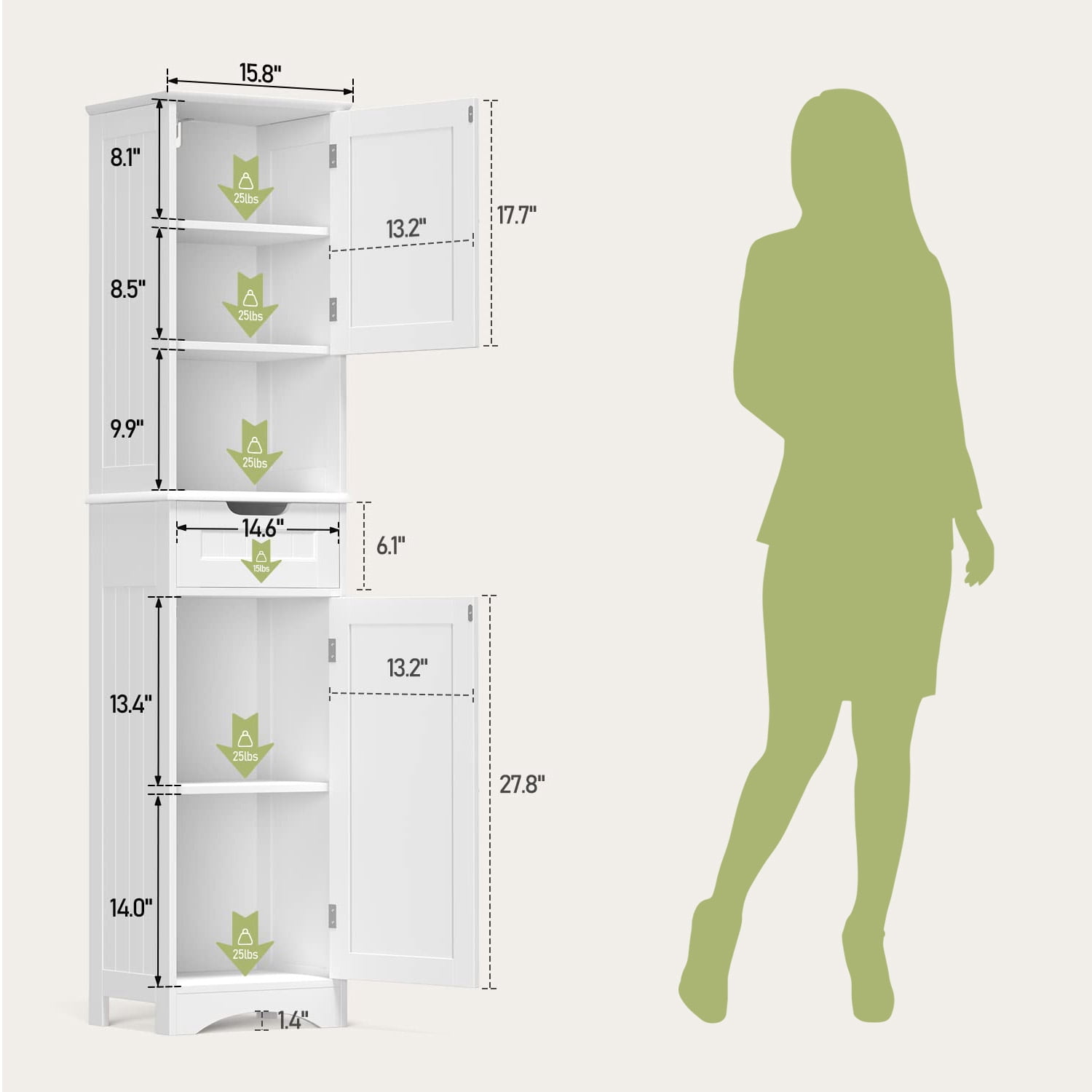 Asofer 67" Tall Bathroom Storage Cabinet, Modern Multipurpose Linen Tower for Bathroom, Living Room & Entryway, Adjustable Shelf, White