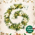 thumbnail image 3 of 9FT Pre-Lit Artificial Christmas Wreath with 50 Warm White LED Lights, 100 PE Branch Tips, Lighted Battery Operated Wreath with Poinsettia Flowers & Gold Balls, Hanger Included, Champagne, 3 of 7