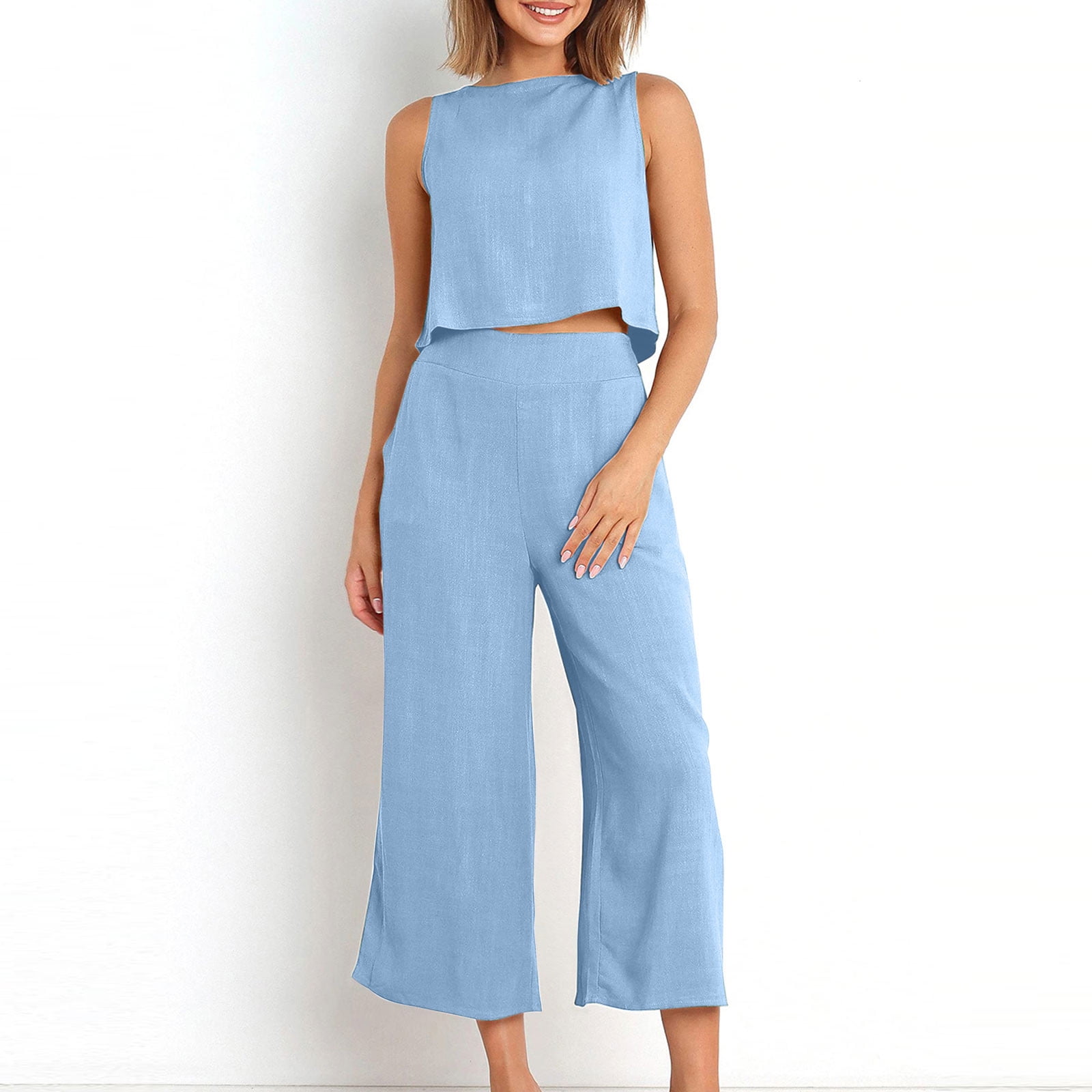 Pejock Women's Summer Piece Outfits Round Neck Crop Basic Top