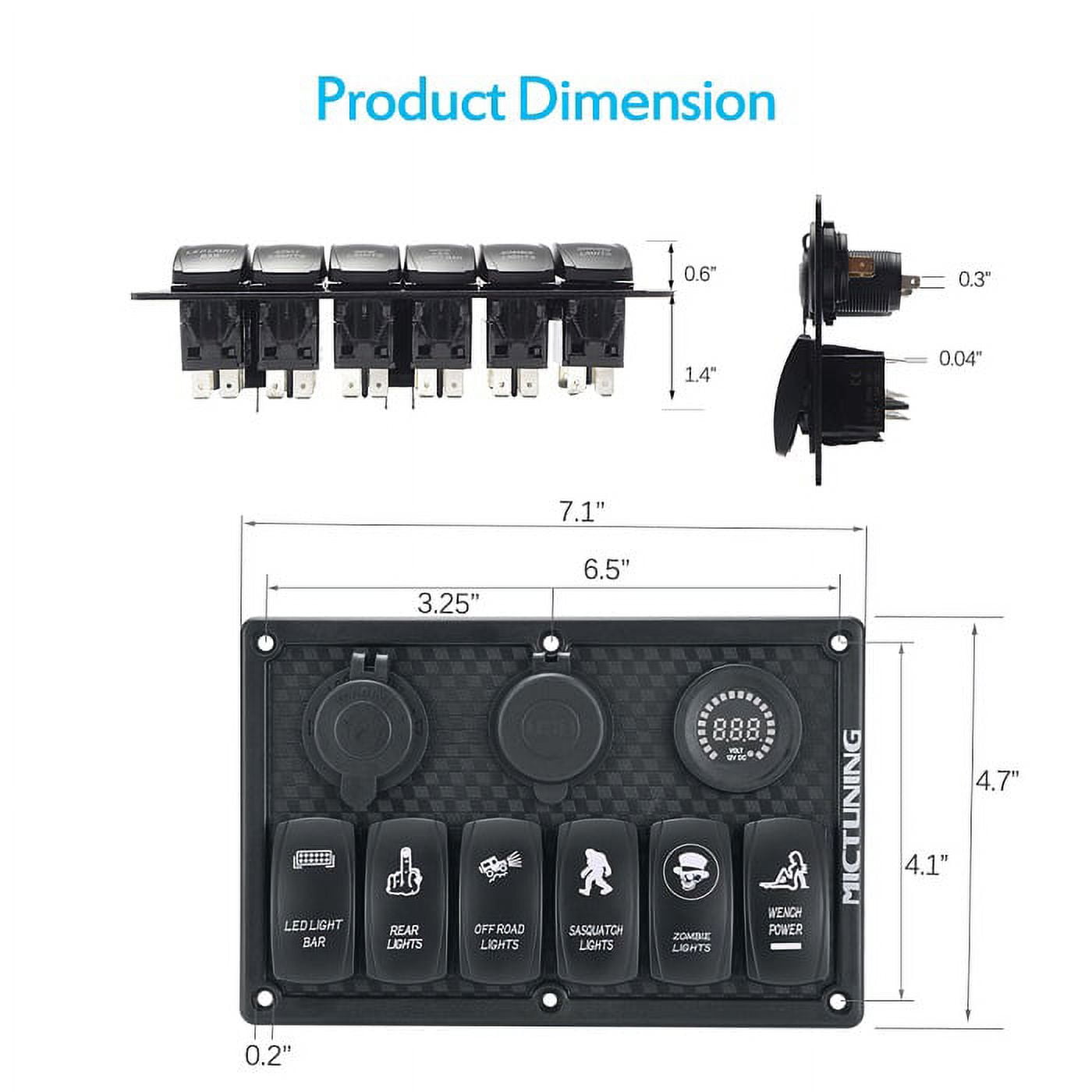 MICTUNING 6 Gang ON/OFF Rocker Switch Panel + Dual USB + Digital Voltmeter + Cigarette Lighter Socket Blue LED for Car Truck Marine Boat