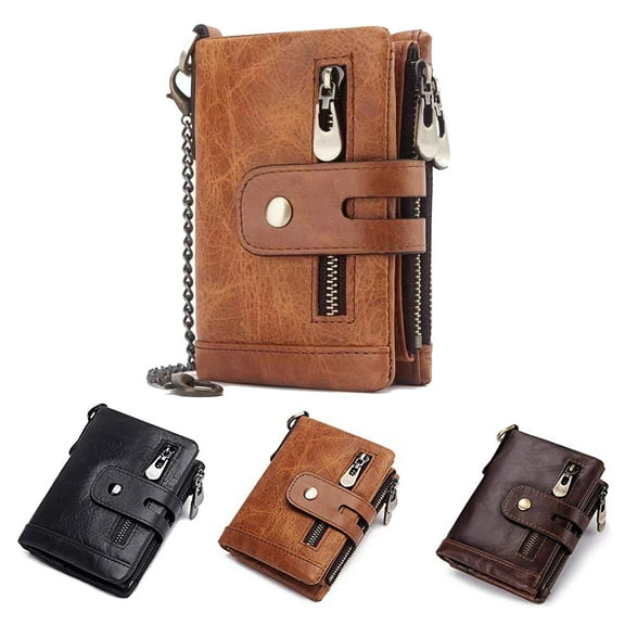 Mens Wallet RFID Blocking Genuine Leather Wallets Mens with Chain and Zip Coin Pocket,Brown