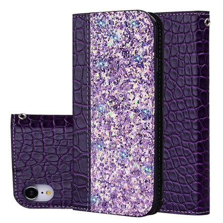 iPhone XR 6.1 inch Case, iPhone XR Cover, Allytech Unique Bling Design PU Leather Wallet case with Wrist Strap Flip Folio Kickstand Cover for iPhone XR 6.1 Inch Phone, Purple