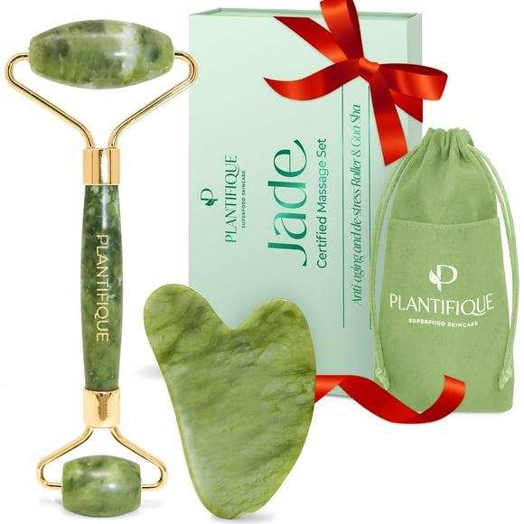 Set de herramientas faciales PLANTIFIQUE Jade Roller y Gua Sha