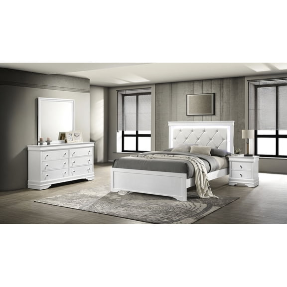 4-piece Bedroom Set with LED-lit Upholstered Bed / Meets Bedroom's Style and Storage Needs