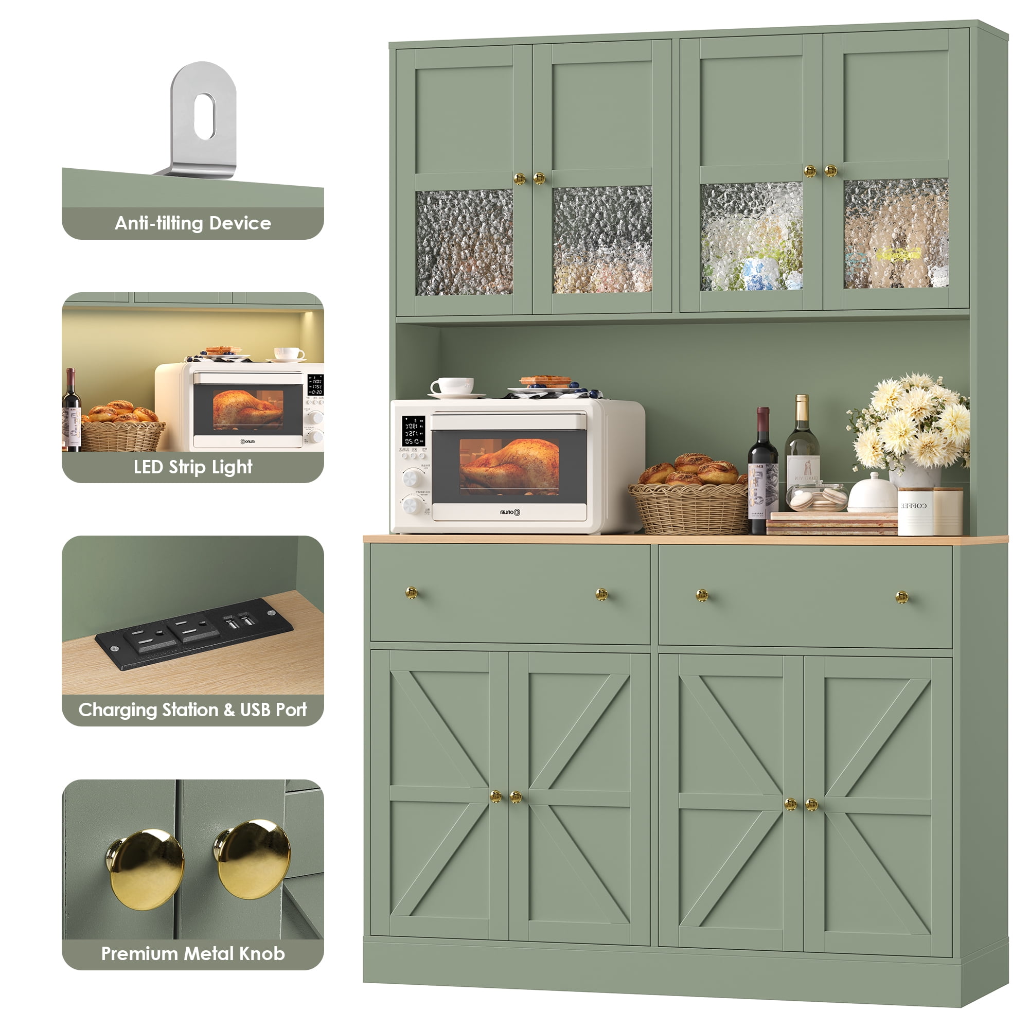 Homfa 71" Tall Kitchen Pantry Cabinet with LED Lights & Charging Station, MDF Freestanding Storage Cupboard with 8 Doors 2 Drawers, Buffet Cabinet with Storage for Dining Living Room, Green