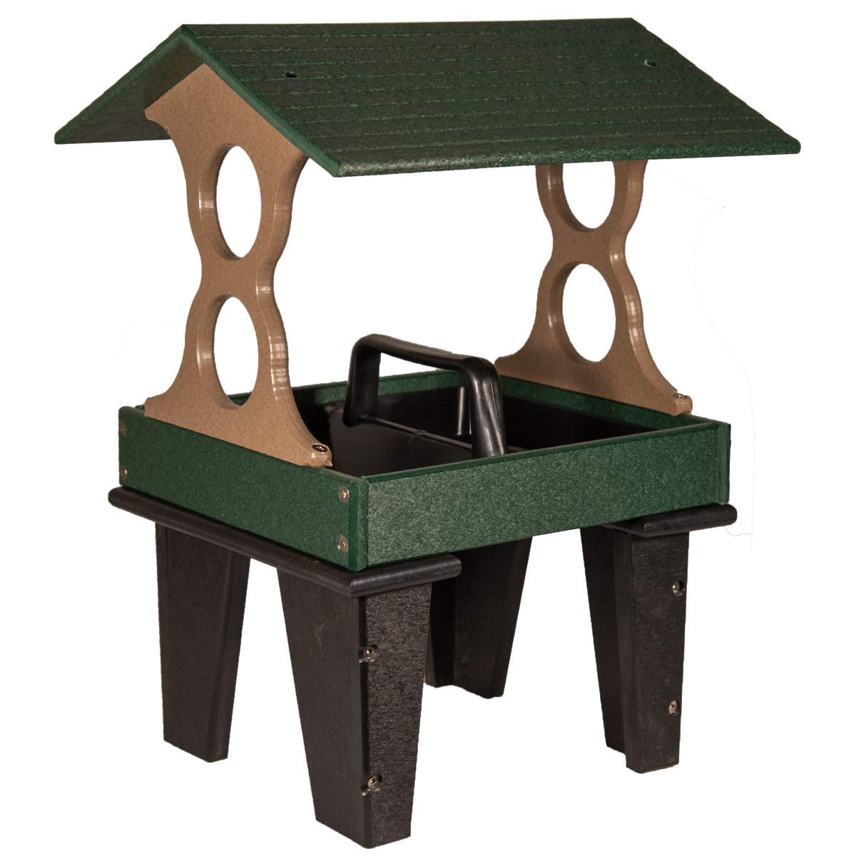 JCs Wildlife Medium Ground Fly Thru Bird Feeder - Holds 4 Cups of Bird Seed - Removable Tray - Covered Platform - Green and Tan
