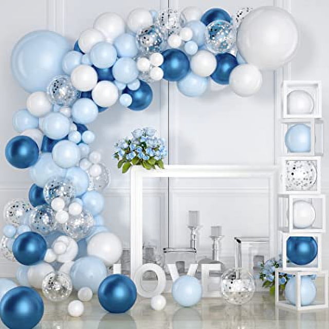 Decoraciones de cumpleaños para niños, arco de globos de cumpleaños, globos de boda de confeti de látex azul con herramienta de cinta para decoración de ducha de niños JM
