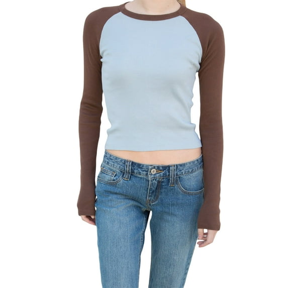 Seyurigaoka Women Pullover Contrast Color Crew Neck Long Raglan Sleeve Close-Fitting Tops for Spring Fall