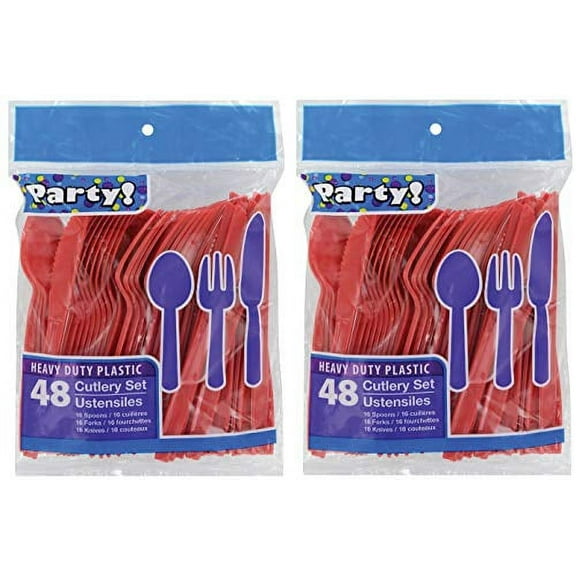 Greenbrier International Disposable Party Supply Sets with Spoons Knives Fork, Plastic Red