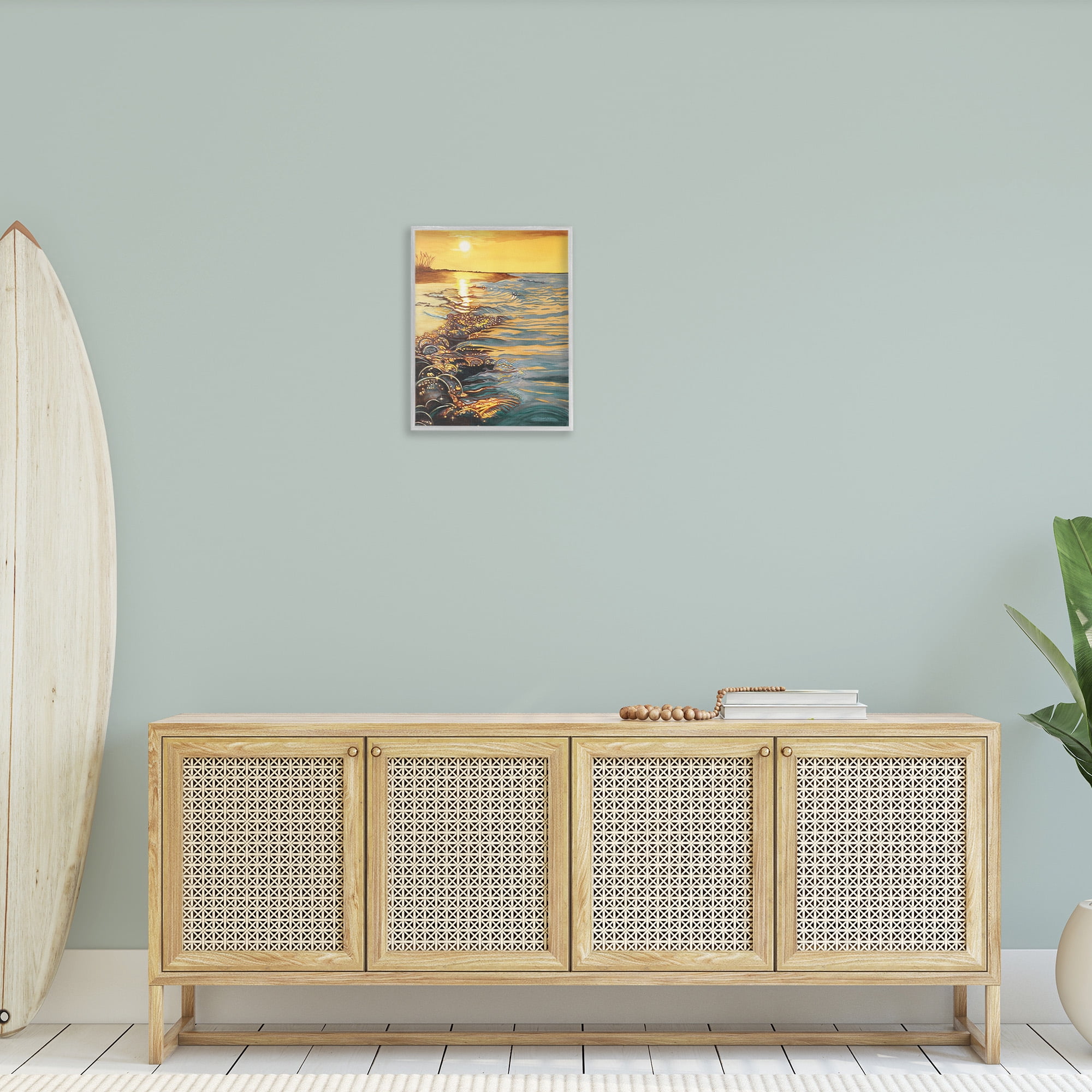 Stupell Industries Sunset over Beach Ripples Landscape Painting Gray Framed Art Print Wall Art, 16 x 20