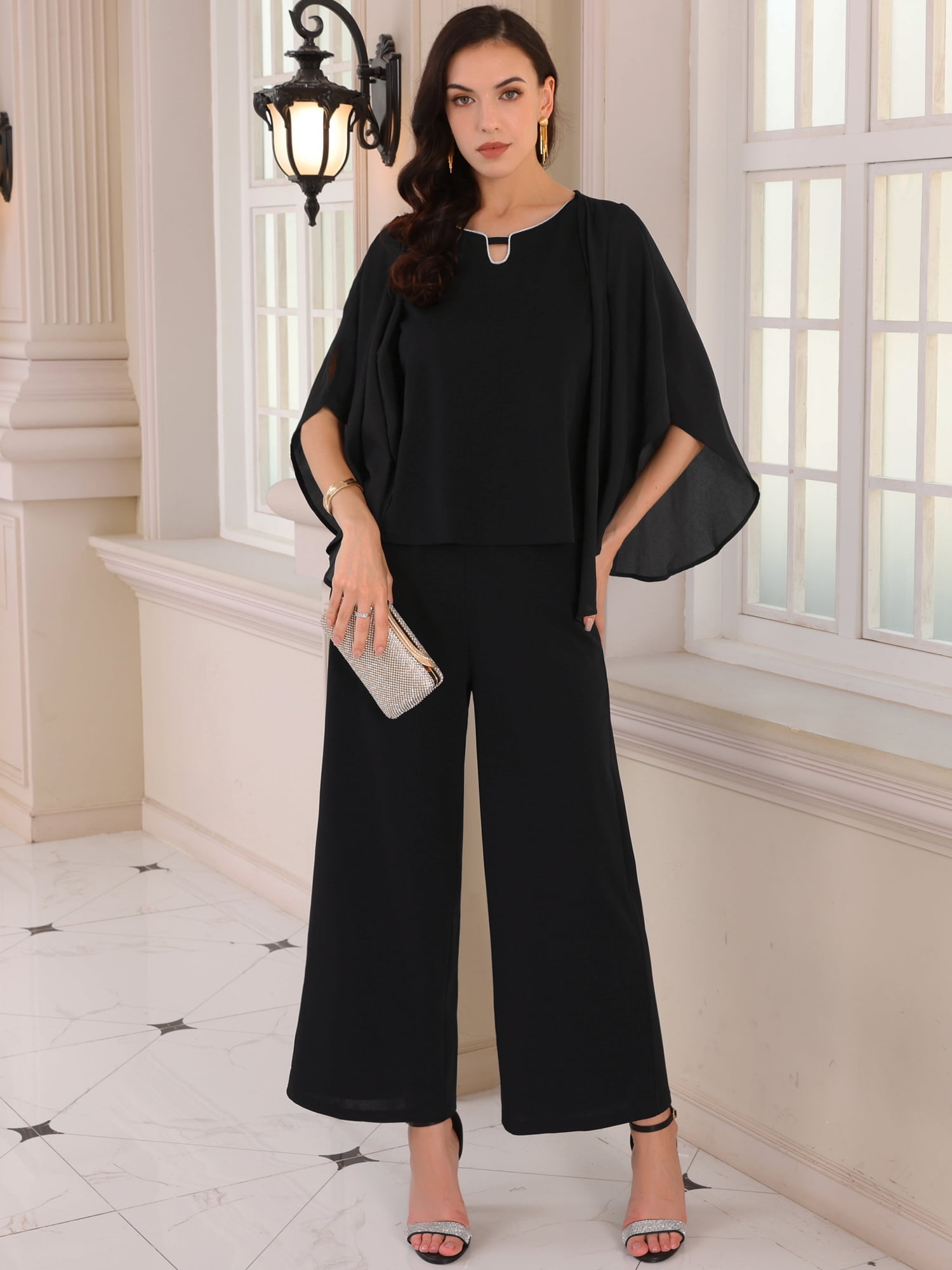 DARING DIVA Women's Dressy Pantsuits Wedding 2 Piece Sets Formal Chiffon Top M Black