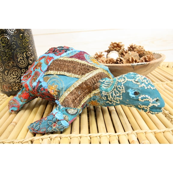 Marine Sea Turtle Hand Crafted Paper Mache In Colorful Sari Fabric Figurine