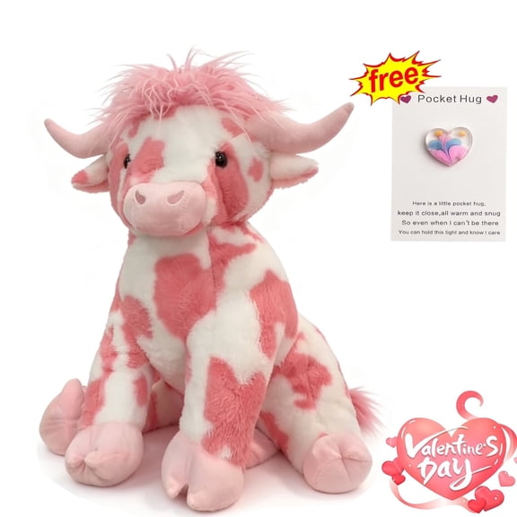 Pink Highland Cow Stuffed Animal, Pink Cow Plush, Pink and White, 20", Valentine's Day Gift