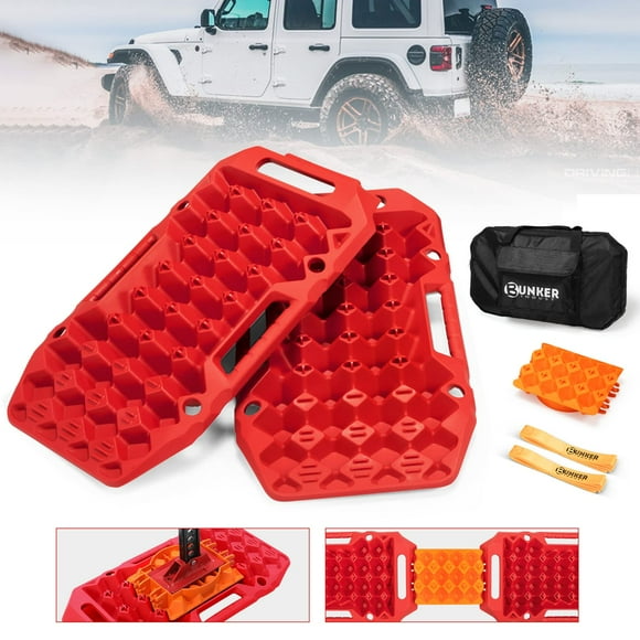 BUNKER INDUST Offroad Traction Boards with Jack Base,Pair Multifunctional Recovery Tracks Tire Traction Mat Snow Mud Sand Ramp-Red 4X4 ATV UTV Car Traction Pads with Carry Bag