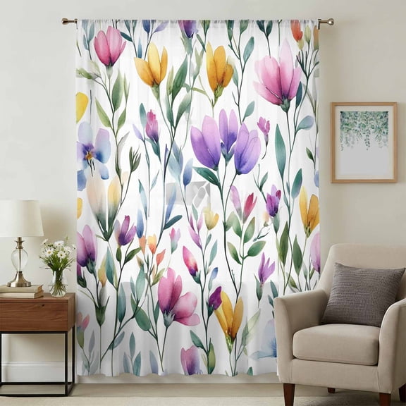 Pueple Pink Flower Sheer Curtains 72 Inches Long, Pastoral Pastel Pink Boho Floral Leaf Light Filering Curtains, Breathable Simi Curtain Privacy Drapes for Living Room Bedroom Window Treatment