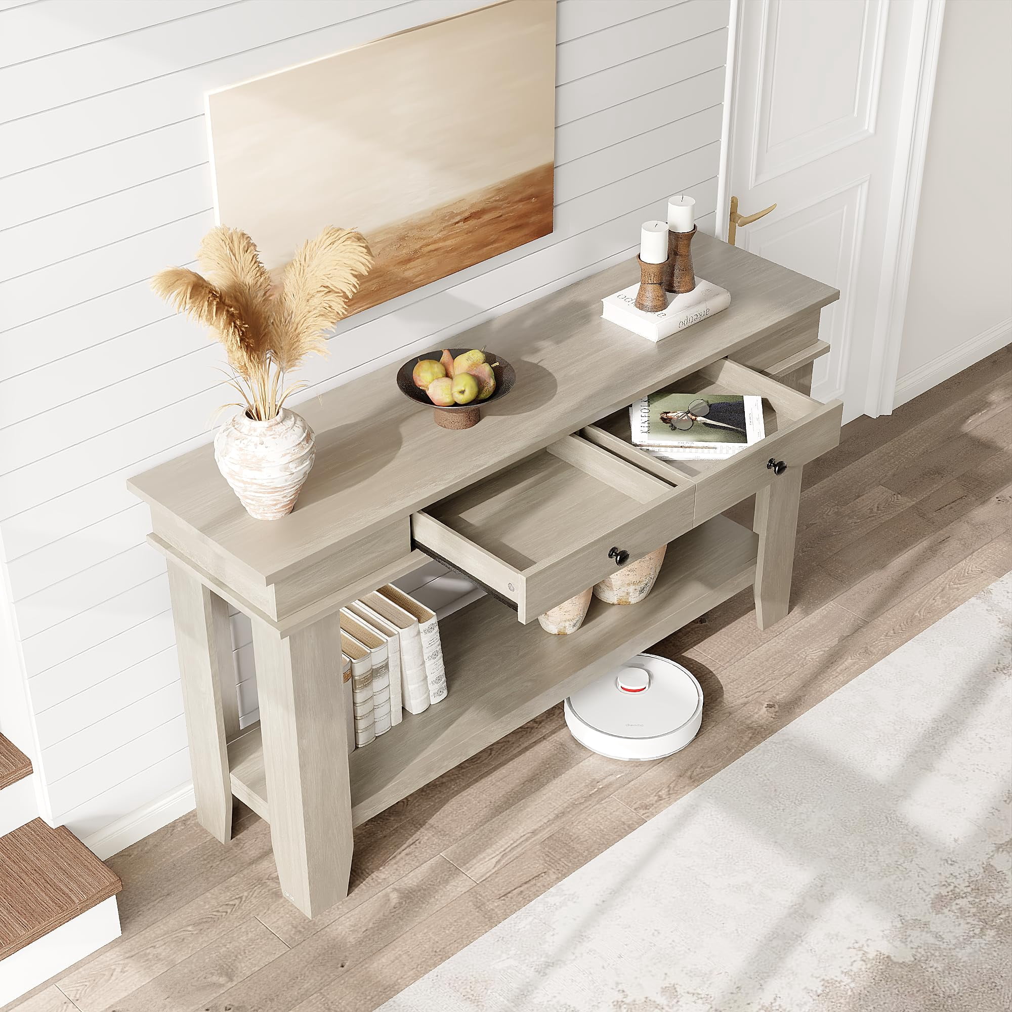 Roromall 54" Wood Console Table with 2 Drawers & Lower Shelf, Farmhouse Sofa Table for Entryway, Hallway, Living Room, Behind Couch