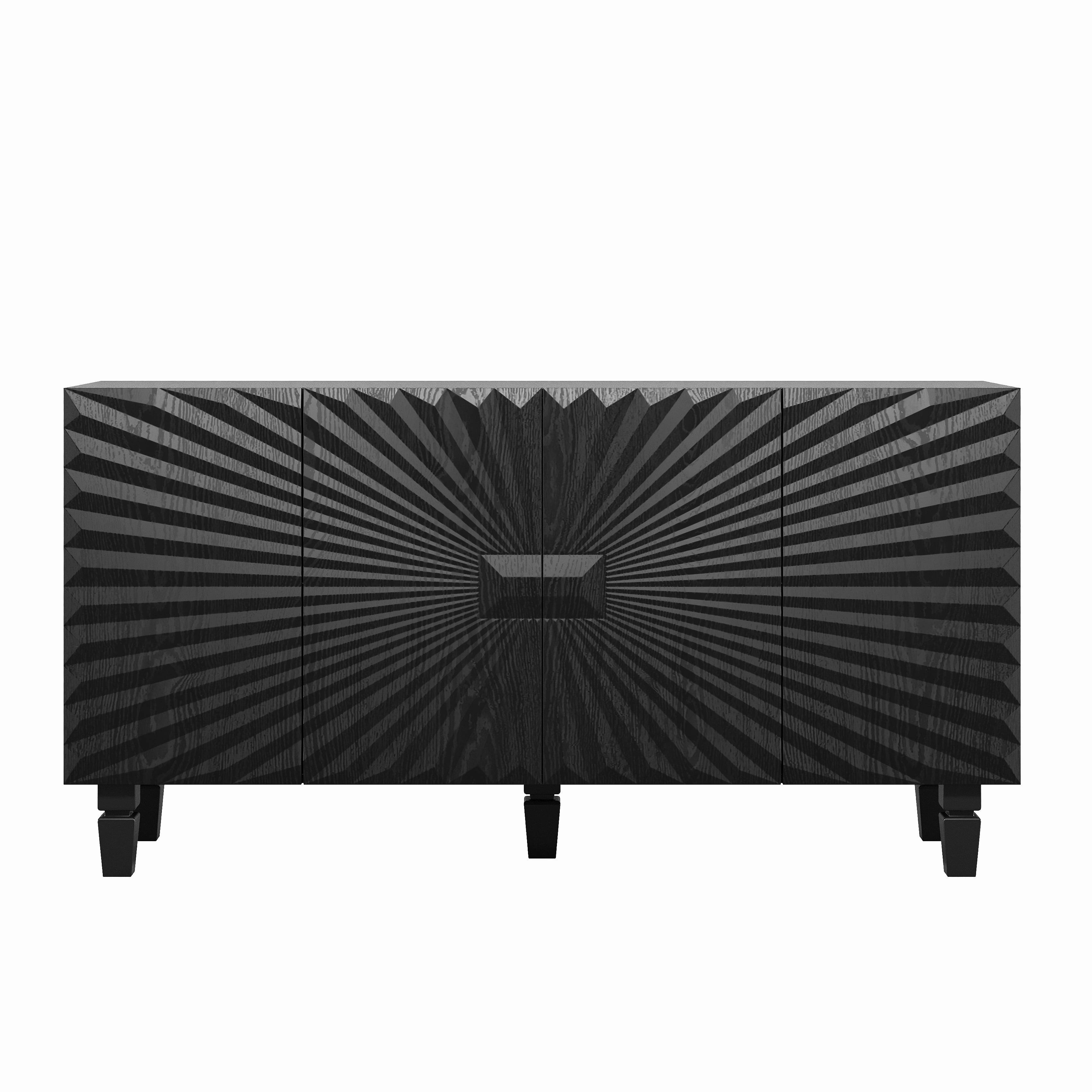 Homy Casa 59 in Modern Sunburst Sideboard Buffet Cabinet, 4-Door Storage Credenza, Black