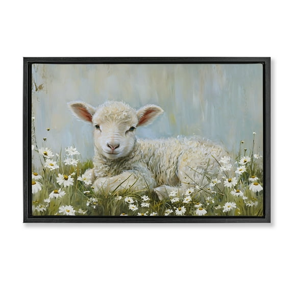 Stupell Industries Lamb Resting in Meadow Animals & Insects Painting Black Floater Framed Canvas Art Print Wall Art, 25 x 17