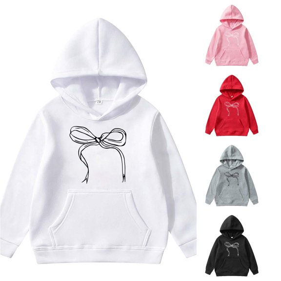 Oiyii Bow Print Hoodie for Little Girls Long Sleeve Outdoor Graphic Hoodie Sweatshirt Pullover Top,White